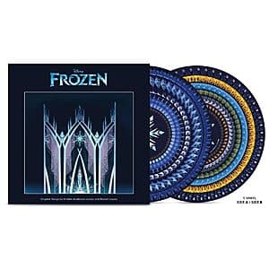 Clear vinyl record with rotating Frozen artwork visible through the disc, featuring the 10th Anniversary Edition Zoetrope Picture Disc design.
