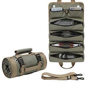 Yobobo 6-pocket roll-up tool bag organizer in army green canvas with multiple storage pockets, displayed open or rolled up.