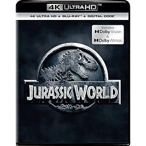 Jurassic World (4K Ultra HD + Blu-ray + Digital, Dolby Vision + Dolby Atmos) $15