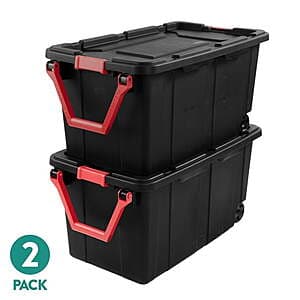 Two Sterilite 40-gallon wheeled industrial totes with black latching lids and pull handles.