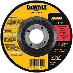 DeWALT Type 27 Metal Stainless Thin Cutting Wheel (4 1/2"x .045" x 7/8") $1.50