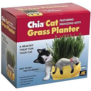 Ceramic cat-shaped planter with Chia Pet grass sprouting from the top, featuring decorative details and a festive appearance.