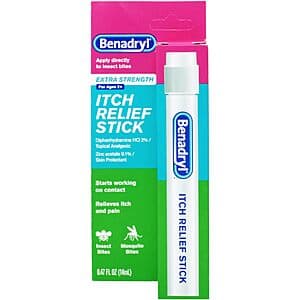 Benadryl Extra Strength Itch Relief Stick in a compact 0.47 oz stick format, designed for portable relief of insect bite itching.