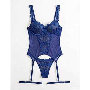 Avidlove 3-piece embroidered lace lingerie set displaying the underwire corset, matching panty, and garter belt in available colors and sizes.