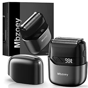 Compact Mbzoey mini electric foil shaver with black housing and magnetic protective cover included.