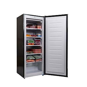Upright deep freezer with stainless steel finish suitable for garage or home storage.