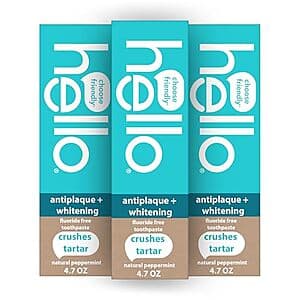 3-Pack 4.7-Oz hello Antiplaque Whitening Toothpaste (Peppermint) $8.15 w/ Subscribe & Save