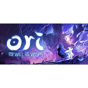 Ori, a small glowing creature with white fur, stands in a lush, colorful forest environment with mystical flora and ethereal lighting.