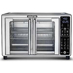 Gourmia 24L French door digital toaster oven with air fryer function, stainless steel finish, and digital control panel.