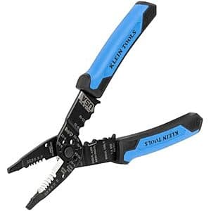 Klein Tools long nose multi-purpose wire stripper with red and black handles.