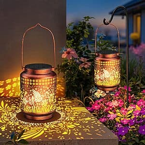 Two KOOPER solar lantern lights with hummingbird design in hanging format, featuring dual lighting modes for outdoor use.