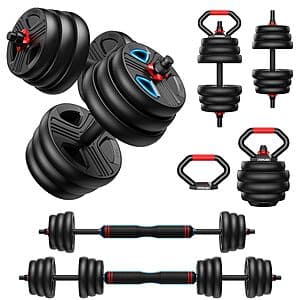 FITPLAM adjustable dumbbell set with 45 lbs total weight, featuring multiple weight increments and adjustment mechanisms.