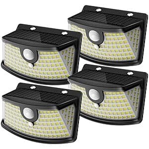 4-pack of rectangular black solar-powered motion sensor lights with 120 LED bulbs in daylight white, designed for outdoor mounting.