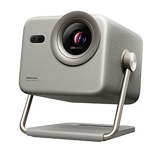 Hisense M2 Pro portable projector with sleek modern design, compact white and black chassis suitable for tabletop or tripod mounting.