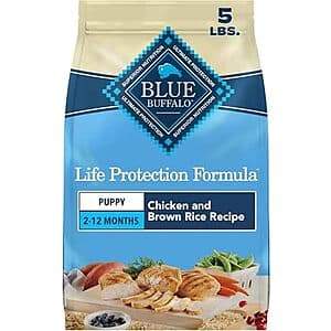 5-lb bag of Blue Buffalo Life Protection Formula Puppy Dry Dog Food with blue and orange packaging.