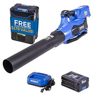 Kobalt 80V cordless handheld leaf blower in black with two 2.5Ah lithium-ion batteries and charging dock.
