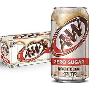 12-pack of 12-oz A&W Zero Sugar Root Beer cans with red and white branding, stored in packaging.