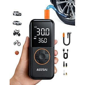 AstroAI L4 cordless tire inflator with black and gray body, display screen, and attached air hose with various nozzle attachments.