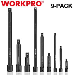 WORKPRO 9-piece impact socket driver extension bar set with multiple extension bars in various sizes for 1/4", 3/8", and 1/2" drives.