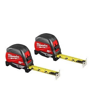 Two Milwaukee 25ft magnetic tape measures with reinforced impact-resistant bodies, displaying 2-sided printing and low-profile magnetic hooks.