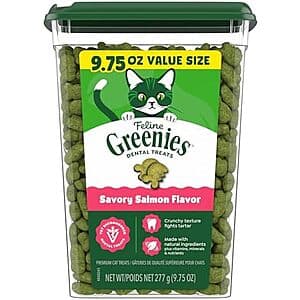 9.75-ounce box of Greenies Feline Natural Crunchy Dental Cat Treats in salmon flavor with green and orange packaging.