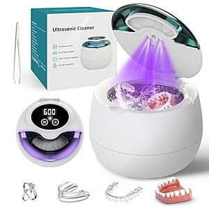 Compact stainless steel ultrasonic cleaner with 200mL tank capacity, featuring UV light sanitization and control buttons on a white or silver base.