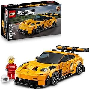 348-piece LEGO Speed Champions Porsche 911 GT3 RS supercar building set with red and black racing livery.