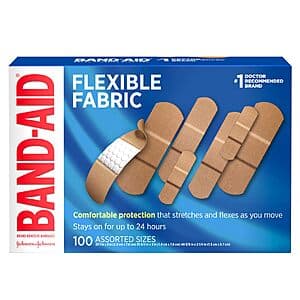 Box of 100-count BAND-AID Brand Flexible Fabric Adhesive Bandages in assorted sizes with neutral tan packaging.
