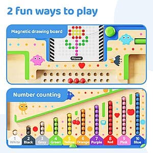 Montessori-style busy board with colorful number and shape puzzle pieces designed for fine motor skill development.