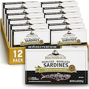 12-Pack 4.4-Oz Brunswick Wild Caught Skinless and Boneless Sardines (Olive Oil) $18.75 w/ Subscribe & Save