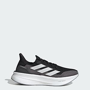 adidas Women's Ultraboost 5X athletic shoes shown in four color options including cloud white with glow blue and yellow accents, cloud white with mint and purple, core black with white and carbon, and light grey with silver metallic.