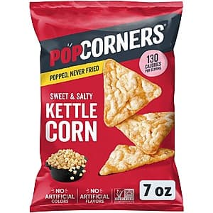 Three 7oz bags of PopCorners popcorn snacks in Kettle Corn, White Cheddar, and Spicy Queso flavors.