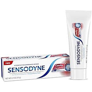 Sensodyne Cavity + Sensitivity Toothpaste tube, 2.7 oz size with white and blue packaging.