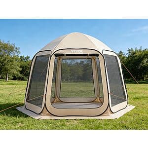 VEVOR pop-up screen tent with steel and fiberglass poles, showing deployed setup with integrated awning, mesh screens, and included carry bag nearby.