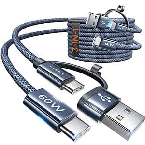 2-Pack 6.6' LISEN 60W USB C to USB A/C Cables (Blue) $3.50 & More