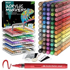 WUO 60-color acrylic paint marker set with brush tips, displayed in assorted vibrant colors.
