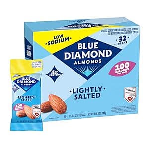 32-pack of Blue Diamond Lightly Salted Almonds individual snack bags, 0.6 oz each, in blue and gold packaging.