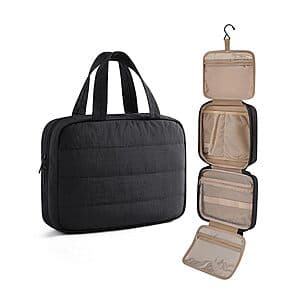 Black hanging travel toiletry bag and makeup organizer with multiple compartments, approximately 11.02 inches in size.