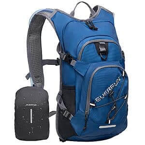 Everfun 18L hydration backpack in blue or orange with attached 2L water bladder reservoir and rain cover included.