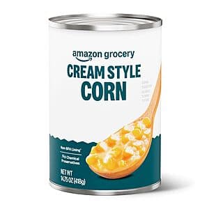 14.75 oz can of Amazon Grocery brand cream style corn with yellow and white label.