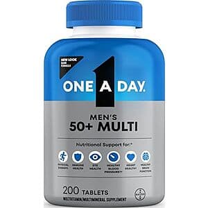 200-count bottle of One A Day Men's 50+ Healthy Advantage Multivitamin with white and blue labeling.