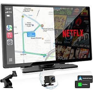 9-inch CarPlay screen with 21ft AHD backup camera, cables, base and suction cup brackets, and installation tools.