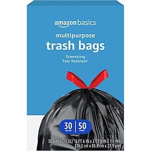 Select Accounts: 50-Ct 30-Gal Amazon Basics Multipurpose Drawstring Trash Bags $6.85 w/ Subscribe & Save