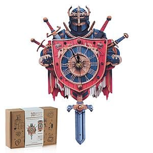 39-Pc. Rnfinewow 3D Wooden Knight Clock DIY Model Kit $10