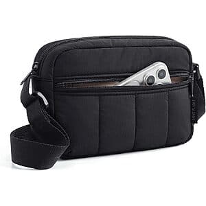 LIGHT FLIGHT mini puffer crossbody hobo bag in black quilted material with adjustable strap.