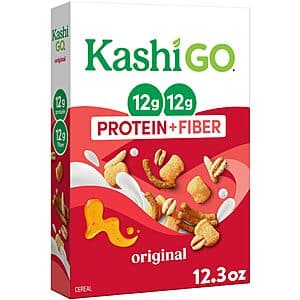 Kashi GO Protein Cereal Original box, 12.3oz, showing product branding and nutritional highlights of 12g protein and 12g fiber per serving.