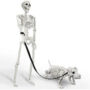 3-foot-high lighted skeleton display featuring human and dog skeletons designed for Halloween decoration in black with illuminated features.