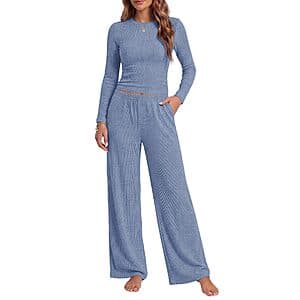 Ekouaer 2-piece long sleeve fall pajamas set in neutral color with matching top and bottom pieces.