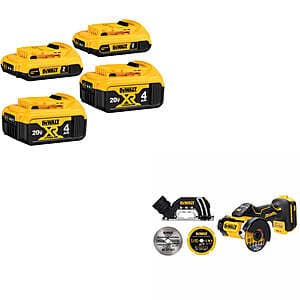4-Pack DeWALT 20V Max 4.0/2.0Ah Battery + DeWALT DCS438B 20V Max XR Cut-Off Tool $199 + Free S/H