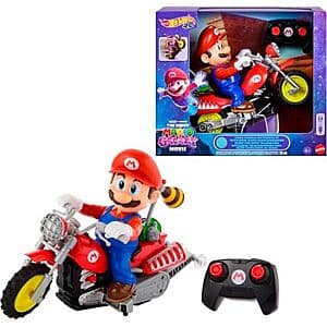 Hot Wheels Mario Wheelie Motocross remote-control motorcycle with red and white racing livery and black wheels.